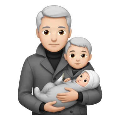 A father with silver-grey hair styled neatly and a clean-shaven face, wearing a dark turtleneck and wool coat, holding his baby sticker