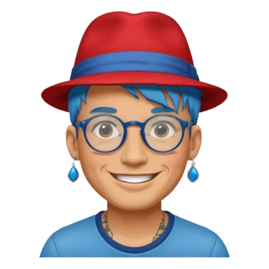 unique looking tourist with big unique red tourist fedora and earrings, man with lots of tattoes and spectacles, blue hair showing sticker