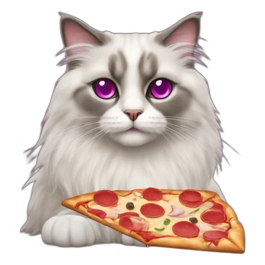 Ragdoll cat with magenta eyes and grey furr, eating a pizza, sitting on the floor sticker