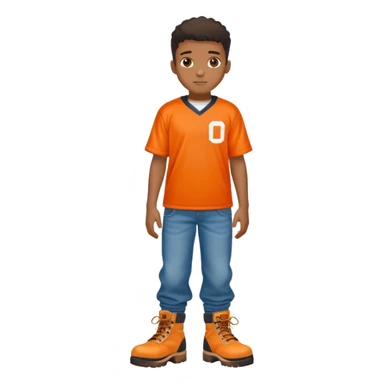 Black boy with dress wearing a footskaball orange jersey and baggy jeans with timbs sticker