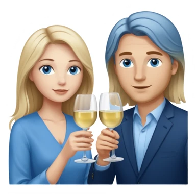 A woman with blue eyes and long balayage brown blond hair and a man with blue eyes and light brown hair, they toast to each other with a glass of white wine.  sticker