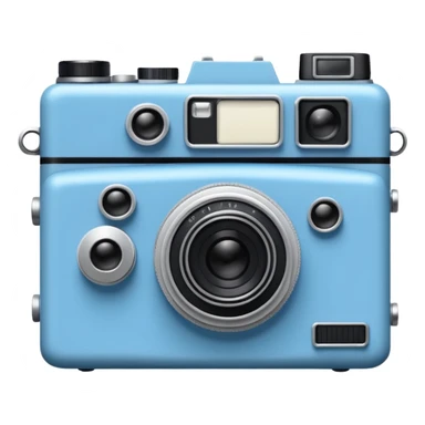 A hand-drawn doodle in a minimalist, cartoon style of a [vintage camera]. The object is white with thick, rough, black marker outlines and two small black dot eyes. It is a simple sketch with no realistic textures, centered on a solid [blue] circular background." sticker