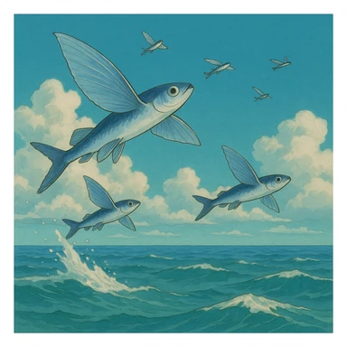 flying fish above the ocean in ghibli style sticker
