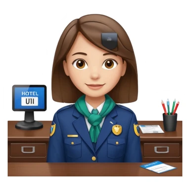 Young girl, straight hair, wearing uniform jacket with hotel name badge, tasteful scarf, stand behind the desk sticker