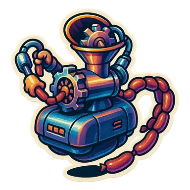 sausage-processing droid. retro-futuristic style. top is a circular industrial meat grinder with rotating gears and blades. Two robotic arms feed material into grinder. Sausage links extrude from the rear like  factory. The body is metallic, compact, and floats above the ground.no legs. Dark humor sticker