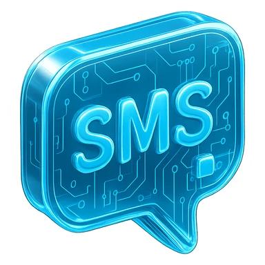 Futuristic SMS icon, glossy circuit style, luminous blue highlights, transparent background sticker