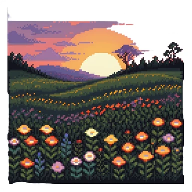 sunset over a meadow with flowers sticker