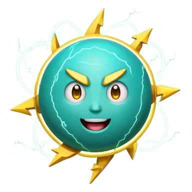 Uranus planet emoji in Apple-style, blue-green with dynamic rings, a large, fun, excited, and expressive face, and a big yellow lightning bolt in front, symbolizing chaotic and unexpected energy sticker