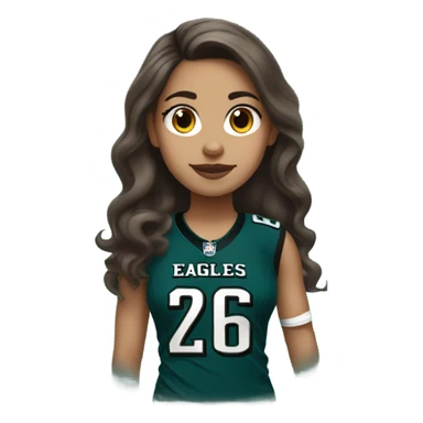 girl with brown hair wearing Philadelphia eagles jersey with number 26 sticker