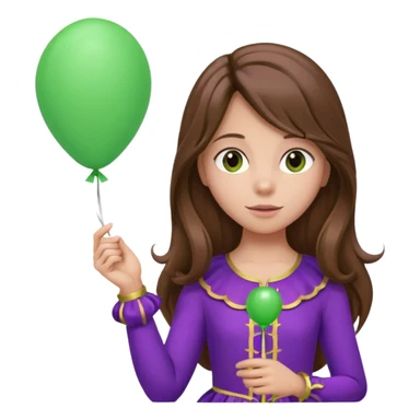 girl with long brown hair and purple costumes, holding green balloon sticker
