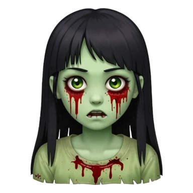Emoji de uma garota com os cabelos longos, lisos e pretos. Ela usa uma franja curta que cobre toda a sua testa. Tem a pele esverdeada e ferimentos no rosto cobertos com sangue, usa uma blusa branca rasgada e suja de poeira. Ela é uma zumbi sticker