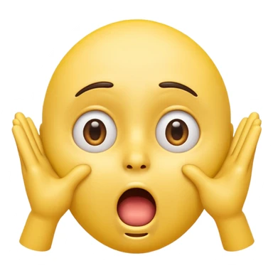 A 3D glossy yellow emoji of a shocked horrified face, with mouth and eyes are wide open, eyebrows  raised, and hands against their cheeks, face without nose, black background, high quality, soft studio lighting sticker