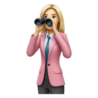 white female employee in pink suit using binoculars with long loose hair looking like secretary. must be like a portrait sticker