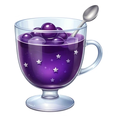 A shiny grape jelly dessert in a clear glass cup with a silver spoon, wobbly texture, little stars around it. sticker