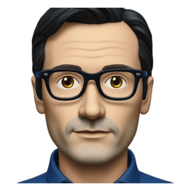 photo realistic Ralf Hutter from Kraftwerk, short straight black hair, black glasses, Dark Blue T-shirt sticker