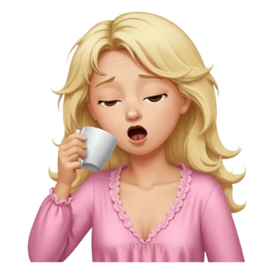A blonde woman in a pink nightgown yawns, looking sleepy with dark circles under her eyes, drinking coffee, looking like she just woke up sticker