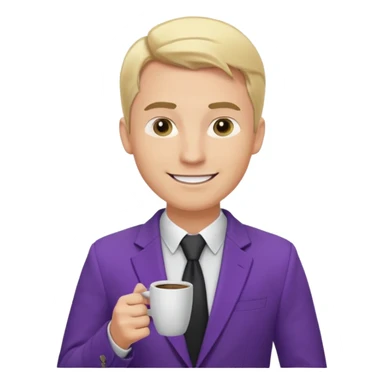 Confident and outgoing male entrepreneur, Caucasian features, blonde hair, big friendly smile, expressive eyes, defined eyebrows, wearing a purple blazer over a black shirt, holding a smartphone in one hand and a coffee cup in the other, waist-up, front-facing sticker