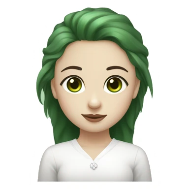 white spitz with green eyes in the arms of a girl. the girl has dark hair, light strands near her face. green eyes, wide eyebrows sticker