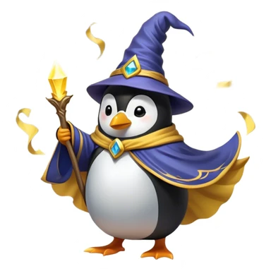 "A wizard penguin with a yellow hat and a long, flowing cape. The penguin is floating slightly above the ground, surrounded by swirling magical energy and glowing runes in the airyellow wizard hat sticker