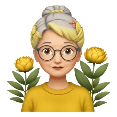 Abuela con cabello canoso en moño, expresión tierna, gafas redondas, suéter amarillo y detalles relacionados con plantas. Estilo amable y acogedor. sticker