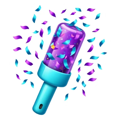 glowing confetti popper emoji, purple and cyan colors, emitting confetti and sparkles, vibrant celebration atmosphere sticker