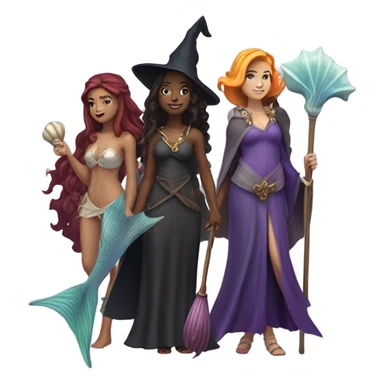 A group of 5 friends, consisting of a female witch, a female wizard, a male merman, a female fairy, and a female siren sticker