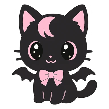 kawaii style magical gothic cat inspired by BLACKPINK, adorable face, black fur with pink highlights, big eyes, tiny bat wings, fun and stylish sticker