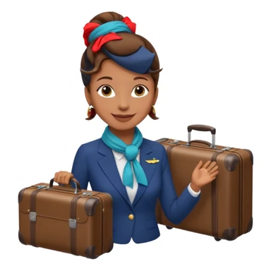flight attendant, Light Brown skin, brown hair in single bun, neck scarf, suitcase sticker