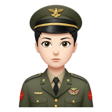 short black neat hair, sharp dark gray eyes, pale skin, serious expression, wearing military uniform, upright posture, minimal accessories, sharp and precise styleDog wizard sticker