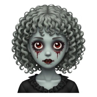 Faça um emoji de zumbi mulher, cabelo cacheado e franja cacheada, deixe ele com a estética meio gothic sticker
