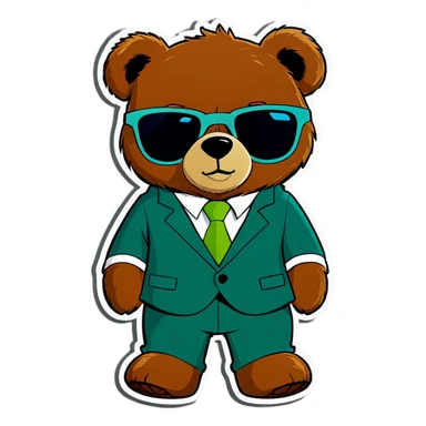 Half Teddy bear with a warm green suit and sunglasses in green instead or blue sticker
