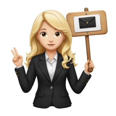 Blonde long wavy hair girl with black office blazer holding a wooden board with a sign 10/10 sticker