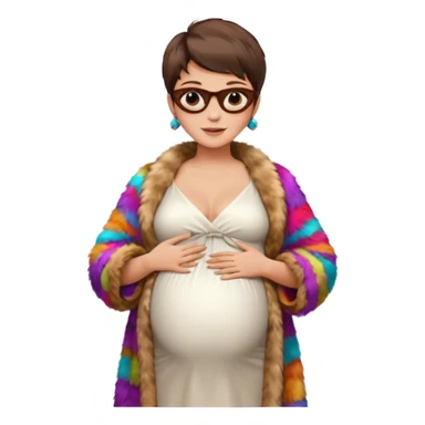pregnant stylish woman with short pixie brunette hair happily touching her big belly while wearing white dress and fancy brown fur coat and colorful shades sticker