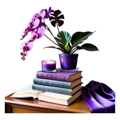 An elegant still life composition featuring a carefully arranged stack of books in shades of light and dark violet, their covers slightly worn, hinting at wisdom and time. A gracefully potted monstera plant with lavender-colored leaves extends its delicate, sculptural foliage. A glass candle holder in a rich purple orchid hue sits nearby, its surface reflecting ambient light. To complete the scene, a silky mauve ribbon drapes over the books, and a subtle lilac-hued ceramic vase holds a single dried flower, enhancing the refined and serene atmosphere. sticker