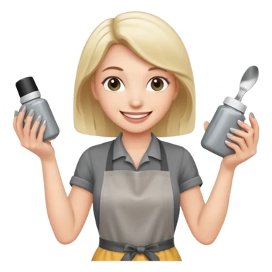 female nail master with buff and gel polish in hand in grey apron  sticker