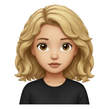Light skinned girl with dirty blonde wavy hair and deep brown eyes and a black square shirt sticker