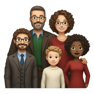 Family of 6 white people, bold head dad, curly dark haired mom,  brown mid long hair daughter, 3 curly light brown hair boys, first with glasses, moustache, 2 other with beard, well dressed for christmas party sticker