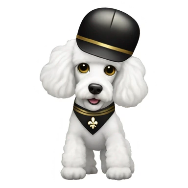 White poodle wearing a black football helmet with gold stripe and gold fleur de lis emblem sticker