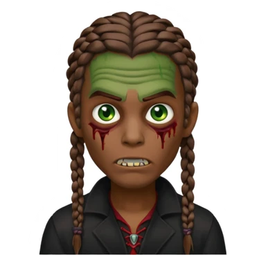 Glued braids men zombie with brown hair color and green eye color, with dark vampire clothes, brown skin sticker