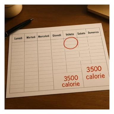 A hyperrealistic weekly calendar viewed from above in Italian, showing days from Monday to Sunday. Friday is circled in red. Below both Saturday and Sunday, the text '3500 calorie' is in red and bold. The image has 4K details and a desk atmosphere. sticker