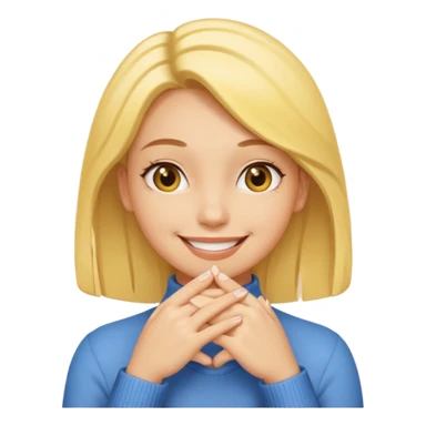 yellow smiling face girl with both hands under chin fingers touching sticker