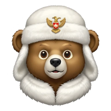 Bear head only in white fur ushanka hat with accurate Russian Federation eagle emblem clearly visible in center, iOS emoji style sticker