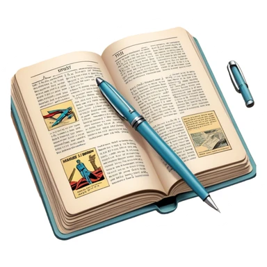 Create a detailed emoji representing the process of writing texts for comic books. The design should feature a large, open comic book with vintage comic strips visible on its pages. A pen should be shown writing text on one of the comic panels, but without a hand. The pencil should appear as though it is actively creating the dialogue or narration. Use a classic color palette with muted tones for the comic book and brighter accents on the pencil to draw attention to the writing process. Do not include any emojis or smiley faces. Make the background transparent. sticker