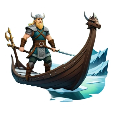 An icon representing an adventure game, inspired by Norse mythology. The design features a fierce Viking warrior standing at the prow of a dragon-headed longship, sailing through icy waters. Snow-capped mountains loom in the distance as the northern lights dance overhead, evoking a sense of conquest, mystery, and legend. Transparent background. sticker