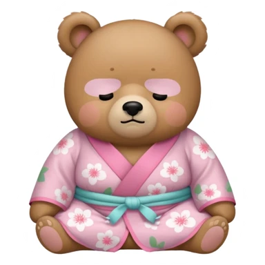 A cute chubby light-brown bear wearing a pastel pink sakura-patterned kimono, standard body and small round head, adorable simple face, sleepy half-closed eyes, small blush on cheeks, sitting while dozing off, tiny “zzz” floating above the head sticker