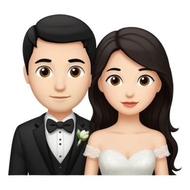 A bride and a groom. The woman is with dark brown hair, the man with black  sticker