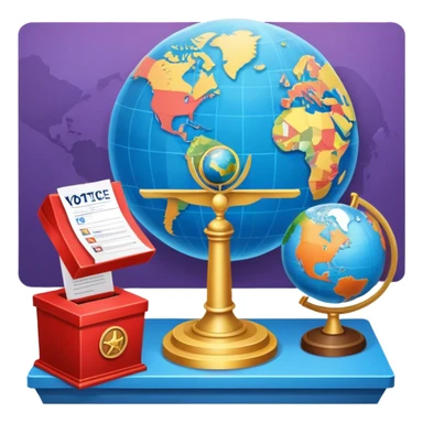 An icon featuring a podium with a speaker, a ballot box with a voting slip, and a globe, symbolizing political science. The design includes scales of justice and a world map in the background, representing governance and global politics. Transparent background highlights political analysis. sticker