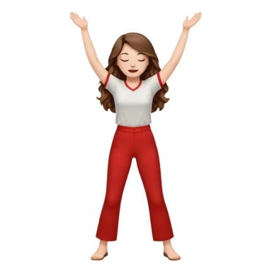 crie uma menina branca com cabelos castanhos longos ondulados, uma roupa de calça e blusa de manga curta na cor vermelho, com braços juntos para cima, olhos fechados e perna levantada. a manga é curta mostra os braços sticker