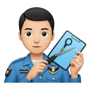 Floating black Scissors cutting a light blue military ID card in 2 parts .hyper realistic sticker