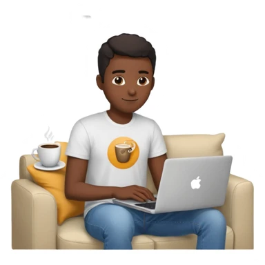 Homme développeur de teint noir, assis dans un coin cosy de son salon un week-end, ordinateur portable ouvert affichant du code. Lumière naturelle douce, ambiance calme. Habillé simplement (t-shirt clair, jean ou short), tasse de café/thé à côté. sticker